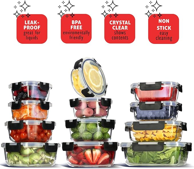 EATEX 48pc Glass Storage Containers with Lids, 24 Set Glass Food Storage Containers with 24 Airtight Lids, Pantry Kitchen Meal Prep Containers for Lunch, Freezer Storage Containers, Dishwasher Safe