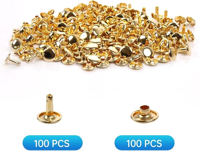 100 Sets Leather Rivets 10x8mm Double Cap Rivets Snaps Metal Studs Fasteners with 3pcs Setting Tools for Leather Craft DIY Repair Decoration, Gold Tone