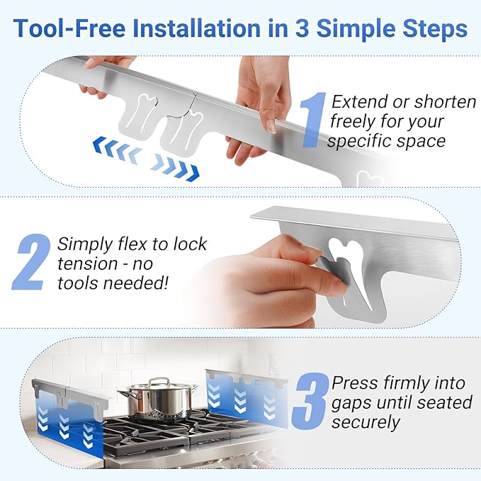 Amundo Stove Gap Covers - Stainless Steel, Stove Counter Gap Covers, Oven Gap Cover Length Retractable 13.8" to 27.5" for a Variety of Furnaces, Heat Resistant & Effectively Sealing Spills in Kitchen