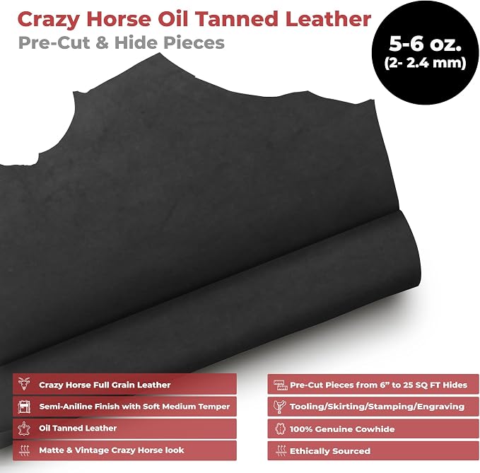 ELW Crazy Horse Leather 5-6 OZ (2-2.4mm) | Black | Pre-Cut 12"x12" | Full Grain Cowhide Handmade Leather for DIY, Crafts, Sheaths, Sewing, Workshop