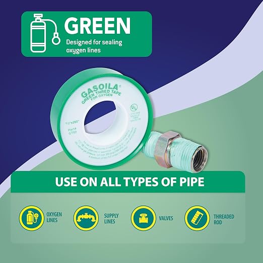 Gasoila Green PTFE Thread Seal Tape – Professional-Grade High-Density Thread Tape for Oxygen Lines – Leak-Proof Seal, Non-Toxic (1/2 Inch x 260 Inch Roll)