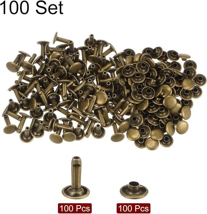 HARFINGTON 100 Sets Leather Rivets 12 x 9mm Metal Double Cap Rivet Snaps Studs Fasteners with 3pcs Setting Tools for Leather Craft DIY Repair Decoration, Bronze