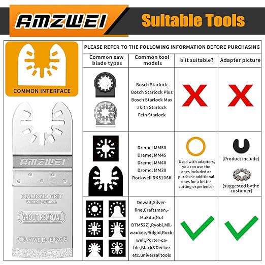 AMZWEI 8PCS Diamond Oscillating Tool Blades, Curved Edge Long Multi Tool Blades for Grout Removal, Cleaning Mortar, Fit Dewalt Milwaukee Rockwell Ridgid Ryobi Chicago Craftsman.(Thickness: 1/13 Inch)