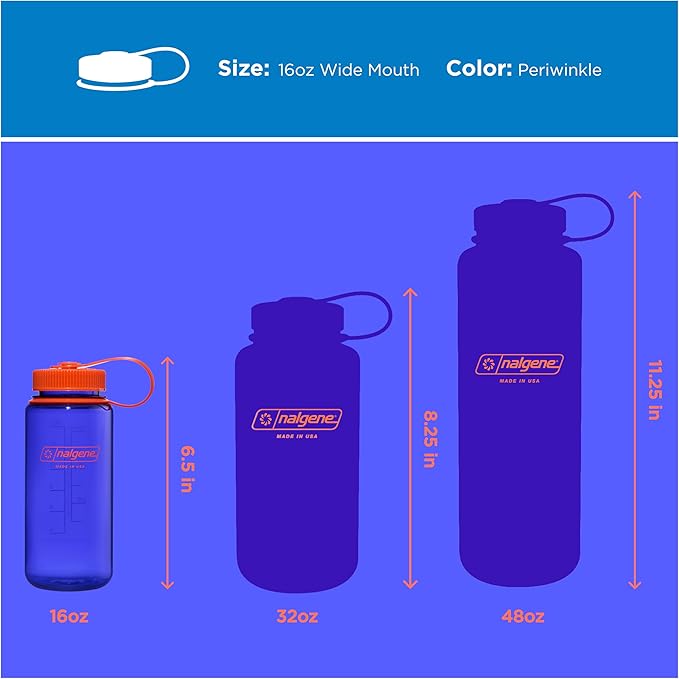 Nalgene 16 oz Wide Mouth Water Bottle | Slim Cup Holder Size, BPA-Free, Durable & Leak Proof, Lightweight Travel Bottle, Periwinkle