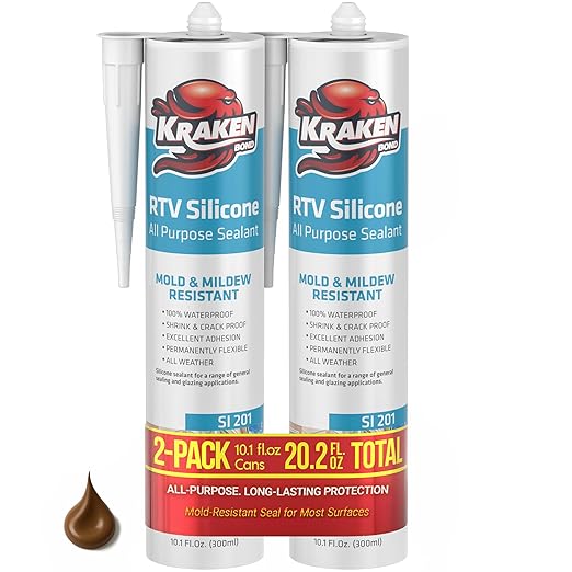 Kraken Bond Brown Silicone Sealant Waterproof% 100-10 fl oz Cartridge - RTV Silicone Caulk Kitchen and Bathroom, All Purpose, Window Caulking Sealant Outdoor, RV, Exterior Use Silicon - 2 Pack
