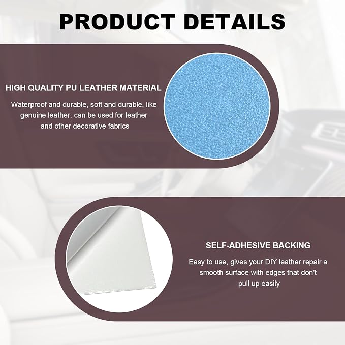 2 PCS Leather Repair Patch Tape, 4 x 8 Inch PU Vinyl Repair Patches for Car Upholstery Seat, Waterproof Self Adhesive Leather Tape Repair Kit for Furniture Couches Chairs (Sky Blue)