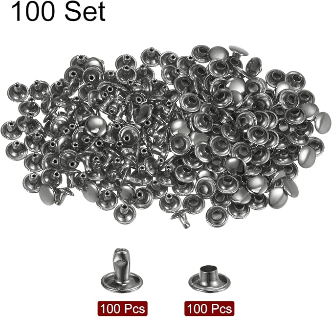 HARFINGTON 100 Sets Leather Rivets 6 x 8mm Metal with 3 Setter Tools Gunmetal