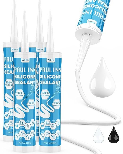 PAULINN Silicone Caulk White, 100% Silicone Sealant Waterproof for RV, Kitchen, Bath, General Use, Window, Door, Glass, Marine, 10.2 Oz, 4 Packs
