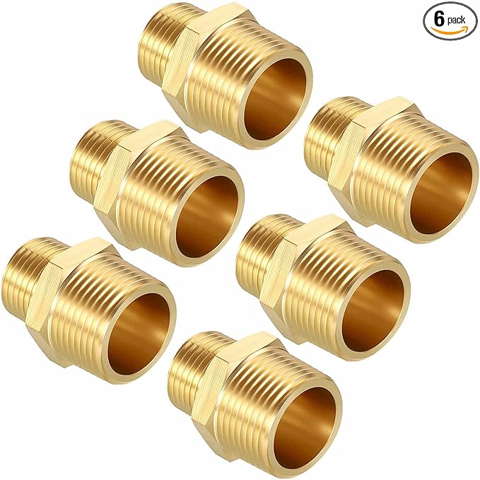 Pack of 6, 3/4" MNPT To 1/2" MNPT Solid Brass Hex Nipple Hose Connectors, Male Pipe Adapter for Pipe Leak Repair, Bathroom Remodeling, Tool Extension, Compression