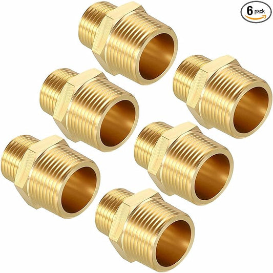 Pack of 6, 3/4" MNPT To 1/2" MNPT Solid Brass Hex Nipple Hose Connectors, Male Pipe Adapter for Pipe Leak Repair, Bathroom Remodeling, Tool Extension, Compression