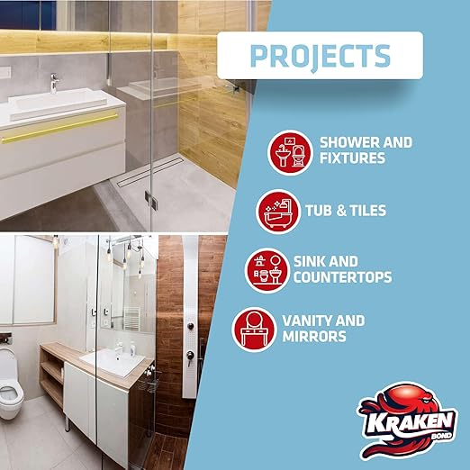 Kraken Bond Premium Kitchen and Bathroom Silicone Caulk Clear - (2x10.1 fl.oz) RTV Clear Silicone Sealant Waterproof for Kitchen, Bathroom, Shower, Sink, Anti Shrink 100% Silicone Caulking | 2 Pack