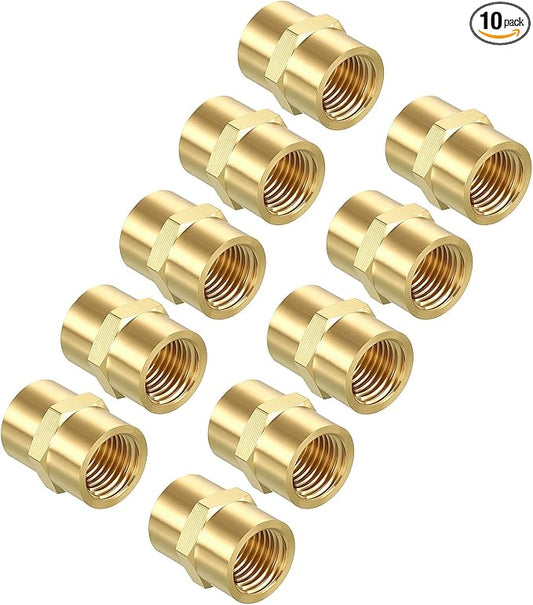 Pack of 10, 1/4" FeMale NPT to 1/4" FeMale NPT Solid Brass Pipe Fitting Coupler, Brass Coupling Hose Fittings Adapter for Pipe Leak Repair, Bathroom Remodeling, Tool Extensions