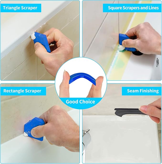 11Pcs Silicone Caulking Tools 3 in1 Grout Removal Tool(Stainless Steelhead)&Grout Remove Scraper,5 Silicone Replaceable Pads,4 Glass Glue Angle Scraper, Caulk Remover for Kitchen/Bathroom/Window/Joint