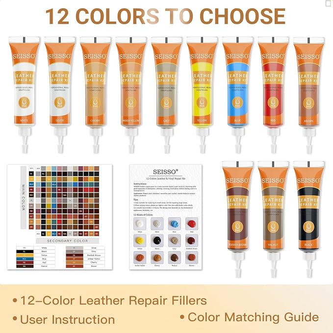 12 Colors Leather Repair Kit for Furniture, Vinyl Repair for Car Interior Seats Couch Sofa, Leather Filler Repair Scratches Fade Leather Paint for Bag Shoes, Restore PLeather, Bonded, Italian, Genuine