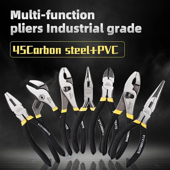 Vivicreate 7 Piece Pliers Set Heavy Duty Hand Tool Set with 8 Inch Groove Joint 8 Inch and 6 Inch Slip Joint 7 Inch Linesman 6 Inch Diagonal and Long Nose Pliers for Home Garage DIY Repair