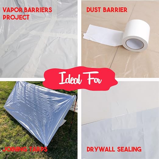 Vapor Barrier Tape, 4 Inch x 200 Feet Polyethylene Tape Sealing Moisture Barrier Seam, Seal Tape for Crawl Space, Underlayment, Marine Use, White Insulation Tape, Waterproof