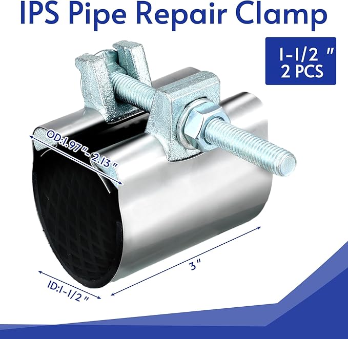 Tandefio 2 Pcs IPS Pipe Repair Clamp 304 Stainless Steel Pipe Clamp Patching and Repairing Leaky 3 Inch Length Suitable for Coppe Galvanized Steel(1-1/2 Inch)