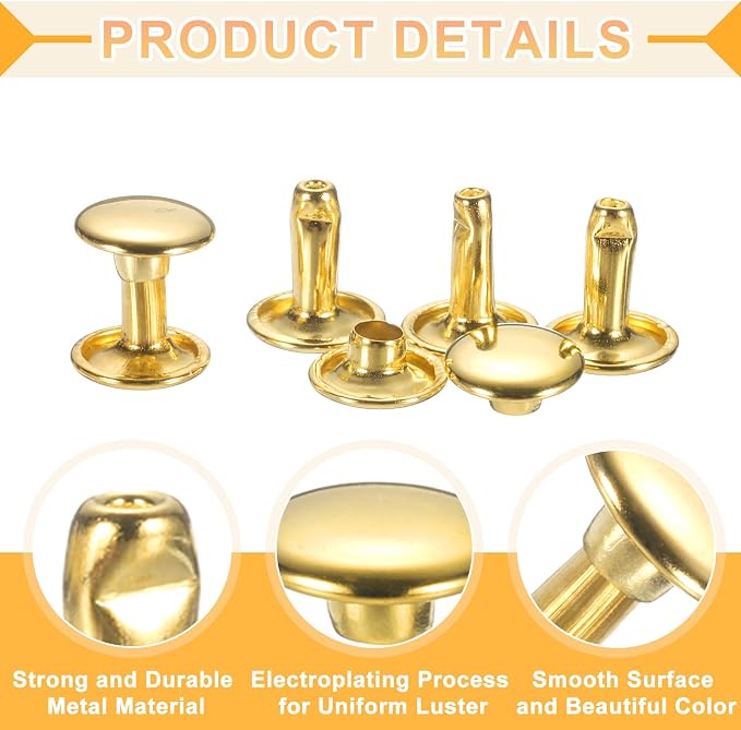 uxcell 120Set Leather Rivets, 7mm Double Cap Rivet Tubular Metal Studs Repairs Decoration Craft Accessories for Repair Decorate Leather Craft Belt Bag Shoes Purse Belts, Gold