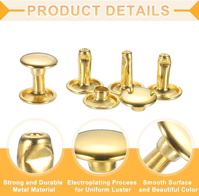 uxcell 120Set Leather Rivets, 9mm Double Cap Rivet Tubular Metal Studs Repairs Decoration Craft Accessories for Repair Decorate Leather Craft Belt Bag Shoes Purse Belts, Gold