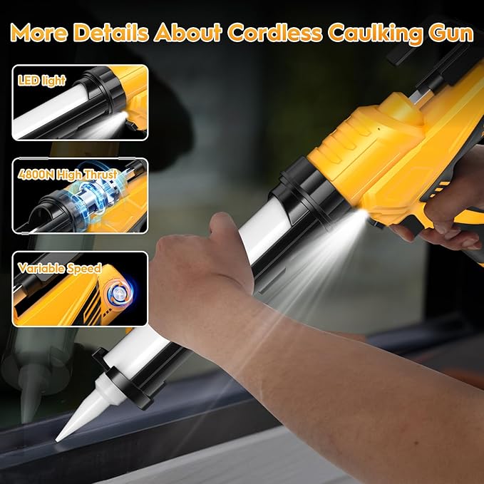 Electric Caulk Gun - Max 4000N Force, Variable Speed Cordless 1/10 Gallon (10 oz) Caulking Tool with Rotating Cradle & Auto Flow Stop (2 * 12V 2.0 Ah Batteries)