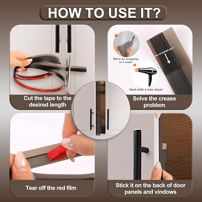 Cabinet Door Seal Strip, Grey 49ft (5 Rolls) Self-Adhesive Weather Stripping for Modern Wardrobe & Aluminum Window Gaps, Dustproof Soundproof Door Filler Tape, Sealing Strip for Home