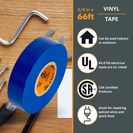 GTSE Blue Electrical Tape, 10 Rolls – Waterproof, Industrial Grade Vinyl, 3/4 in x 66ft– Strong Self-Adhesive PVC Electric Tape for Wire Insulation, 7 Mil, 600V – UL/CSA Listed