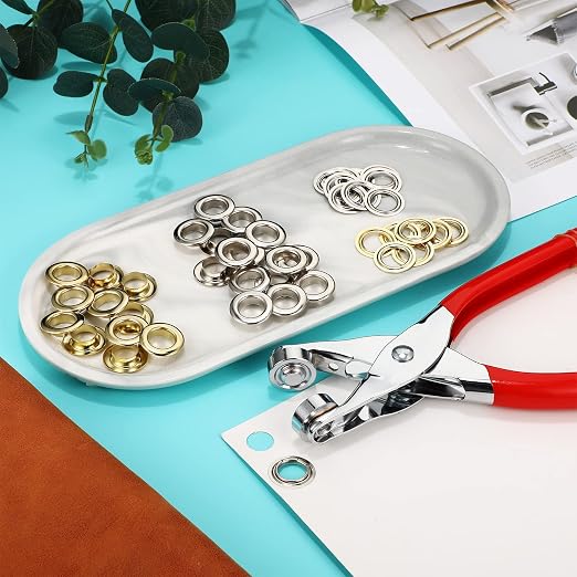 Mudder 301 Pcs Grommet Eyelet Pliers Tool Kit, Fabric Leather Hole Eyelets and Grommets Punch Pliers with 300 Metal Eyelets for Belt Shoes Cloths(1/2 Inch,Gold, Silver)