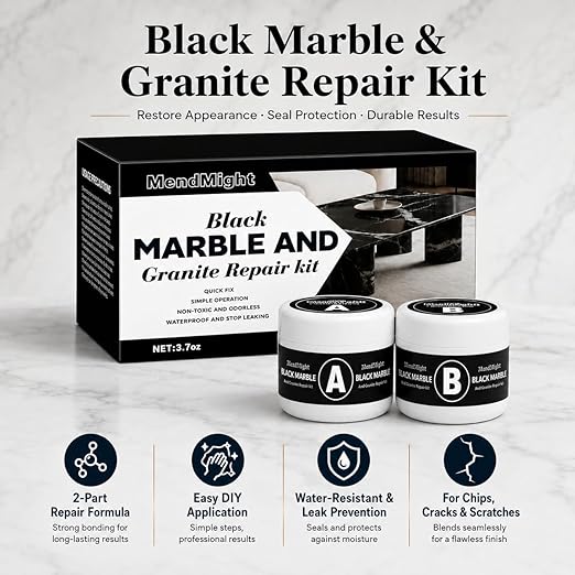 Black Quartz Countertop Repair Kit, Professional Tile, Marble and Granite Repair Kit for Edge Chips, Cracks, Scratches and Holes on Quartz, Marble, Porcelain and Other Stone Surfaces