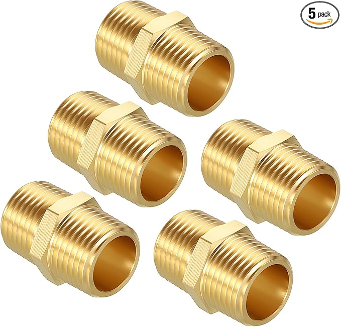 Packs of 5, 1/2" Male NPT to 1/2" Male NPT Solid Brass Hex Nipple Hose Connectors, Male Pipe Adapter for Pipe Leak Repair, Bathroom Remodeling, Tool Extensions, Compression
