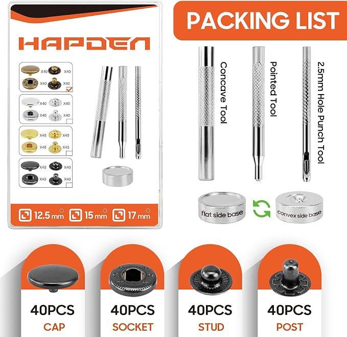 HAPDEN Leather Snaps and Fasteners Kit，12.5mm 40 Sets Metal Snap Buttons with Setter Tools， Sewing Snaps for Clothing，Fabric，Leather, Clothes, Jackets, Bags, DIY Crafting Black Snap