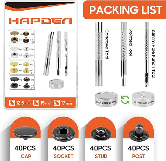 HAPDEN Leather Snaps and Fasteners Kit，12.5mm 40 Sets Metal Snap Buttons with Setter Tools， Sewing Snaps for Clothing，Fabric，Leather, Clothes, Jackets, Bags, DIY Crafting Black Snap
