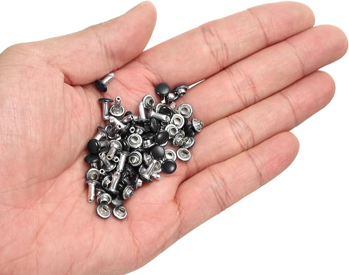 HARFINGTON 100 Sets Double Cap Leather Rivets, 6x8mm Round Cap Tubular Metal Studs Leather Crafting Rivets for Fabric Belt Pet Collar Boot Bag Repair and Decoration, Black