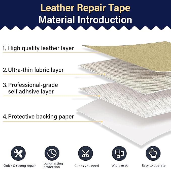 Zenyao Leather Repair Patch Tape - Self Adhesive Leather Repair Kit for Car Seat Furniture, Heavy Duty Vinyl Repair Patch for Couch Sofa, Waterproof Fix for Tears, 16x60 Inch Roll, White Khaki