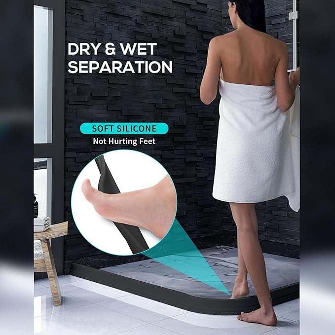 Hi-Na 3ft/5ft/6ft/8ft10ft Collapsible Shower Threshold Water Dam Water Barrier for Shower and Water Stopper Keeps Water Inside Water Threshold for Wet and Dry Separation (5ft, Black)