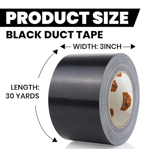 TAPEBEAR Black Duct Tape Heavy Duty 3" x 90FT, Strong Tough Utility Ducting Tape Waterproof, No Residue, Flexible, Hand Tear Binding Tape Industrial Strength for Bundle, Patch, Protect & Repair