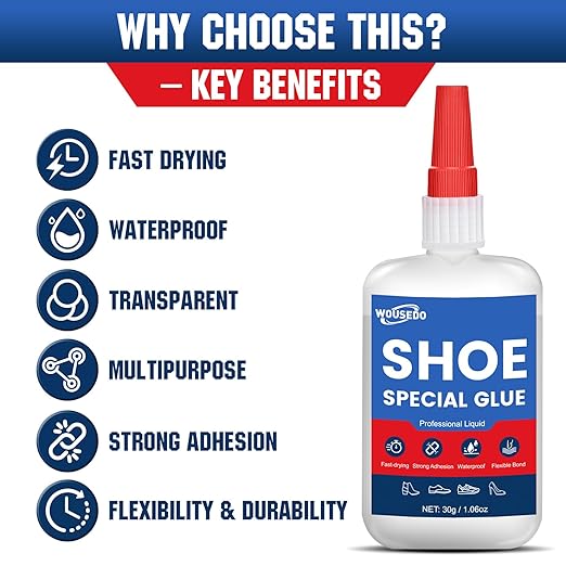 WOUSEDO Shoe Glue 2 x 30g, Flexible & Waterproof Instant Adhesive | Quick Dry in Seconds, Heavy Duty Clear Glue for Sole Repair on Sneakers, Boots, Heels, Hiking Shoes, Leather & Rubber