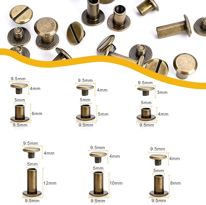 120sets Chicago Screws Kit, 6 Sizes Screw Rivets Bronze Chicago Binding Screws for DIY Repair Leather Craft Belt Bag Shoes Purse Bookbinding (M5*4,5,6,8,10,12) (Bronze)