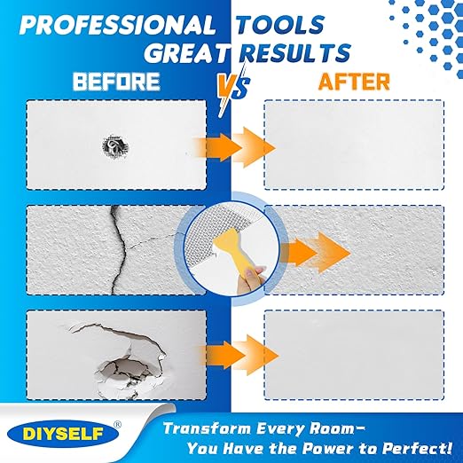 DIYSELF Drywall Patch, 21 PCS Drywall Repair Kit with 2×10", 2×8", 2×6", 8×4" Self-Adhesive Mesh Patches, Putty Scraper, Sanding Pads & Sponge, Dry Wall Patch Kit for Bathroom, Nail Holes, Outlets