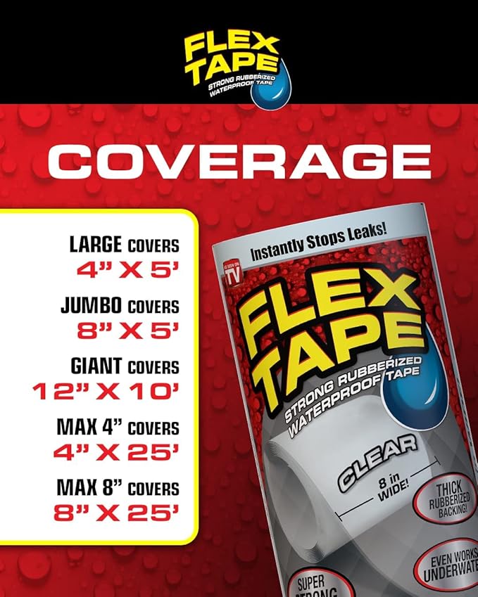 Flex Tape, 8 in x 5 ft, Gray, Original Thick Flexible Rubberized Waterproof Tape - Seal and Patch Leaks, Works Underwater, Indoor Outdoor Projects - Home RV Roof Plumbing and Pool Repairs