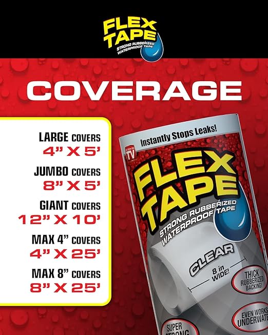 Flex Tape, Original Thick Flexible Rubberized Waterproof Tape - Seal and Patch Leaks, Works Underwater, Indoor Outdoor - Home RV Roof Plumbing and Pool Repairs, Black, 12 in x 10 ft, Pack of 2