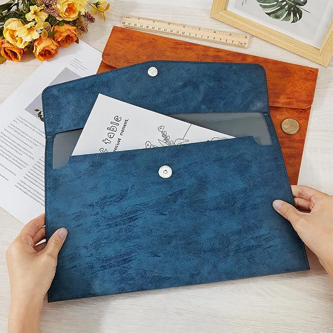 A4 PU Leather Portfolio Filing Envelope Oragnizer Thin Waterproof File Holder Document Folder with Snap Closure Pocket Letter Receipt Storage Case for Contract Stationery Tablet(Blue)