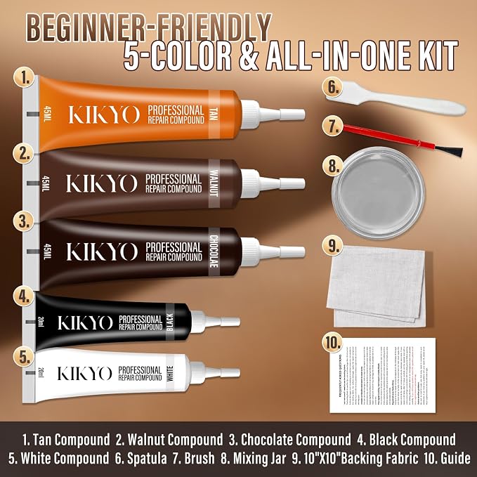 KIKYO Brown Leather Repair Kit, Faux Leather Chair & Couch Repair Kit for Furniture, Sofa, Purse, Belt, Super Easy Match Colors and Fix Scratches, Tears, Fade, Holes on PU, Genuine & Pleather