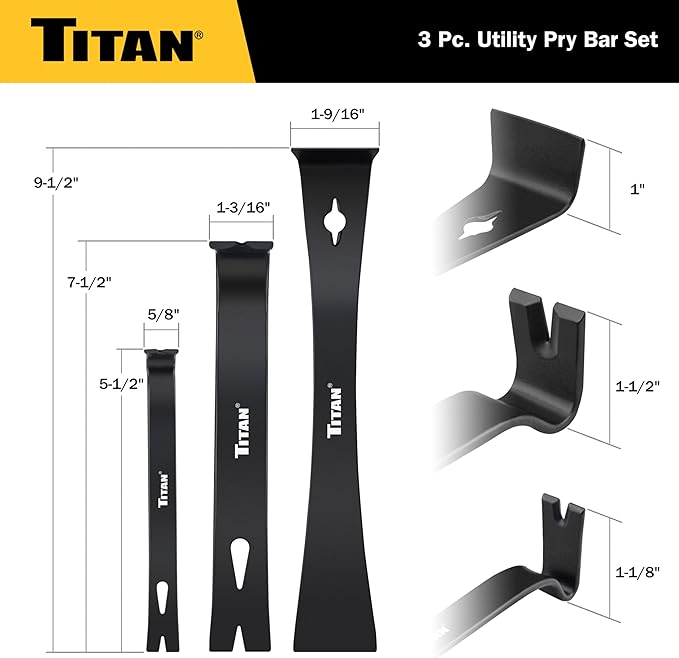 Titan 17121 3-Piece Flat Pry Bar set, 5.5", 7.5" & 9.5"Utility Claw Bars with Nail Puller, Forged Steel Wonder Bar