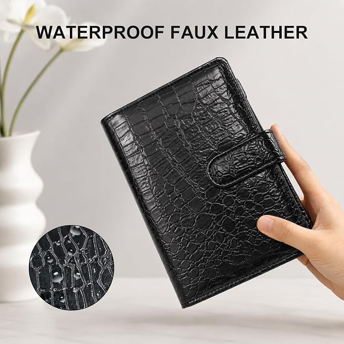 Convend A6/A5 Refillable 6 Ring Faux Leather Budget Binder,Mini Notebook Binder Cover for A5 Filler Paper,Loose Leaf Personal Planner Cover with Magnetic Buckle Closure(Crocodile-Black)