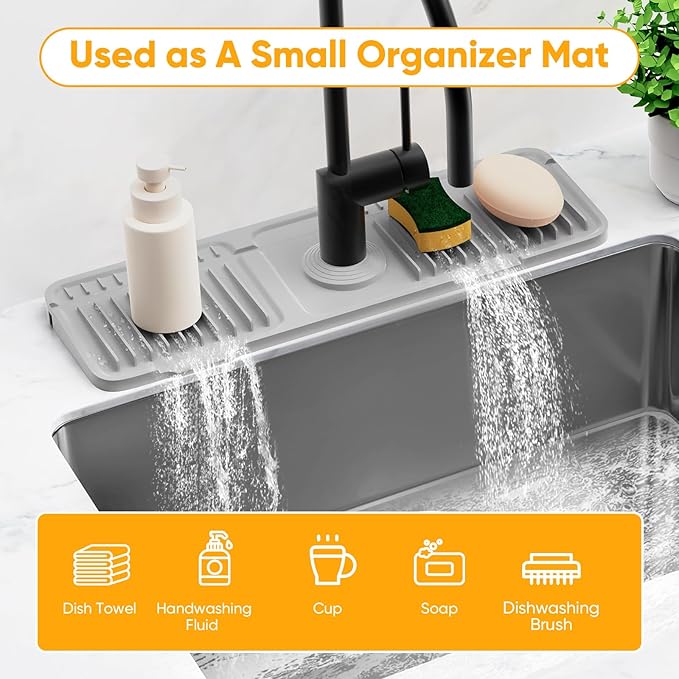 17.7'' Folding Faucet Mat for Kitchen Sink Splash Guard[7° Slope Fast Self-draining][Snap Lock Fit] Kitchen Sink Faucet Mat Splash Guard Kitchen Sink Area Water Splash Guard Behind Faucet Draining Mat