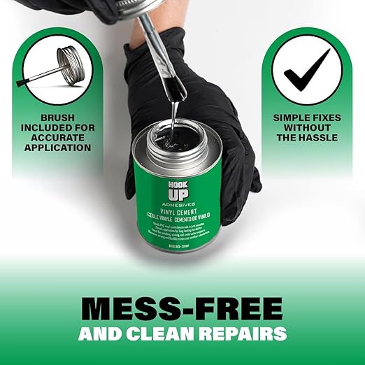HOOK UP Vinyl Cement – Waterproof Pool Liner Repair Glue for Vinyl & PVC, Fast-Drying Flexible Contact Cement for Inflatables, Air Mattresses, Boats, Tarps, Hot Tubs & Pool Patch Repairs (8 oz)