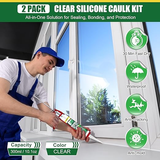 2 Pack Clear Silicone Sealant Caulk, 10.1 oz 100% Waterproof Silicone Sealant Adhesive Clear Caulk Tool for RV Marine Home Window Roof Door Kitchen Bathroom Bathtub Shower Auto Leakproof Seal