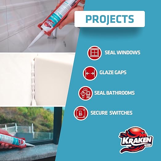 Kraken Bond Hyper Clear Caulking Sealant - (2x10.1 Fl. Oz) Fast Curing 100% Silicone Neutral for Kitchen & Bathroom, Bathtub, Shower and Sink, Low Odor, Waterproof, Anti Shrink Caulking, 2 Pack