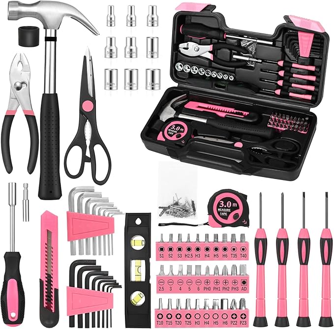 144-Piece Pink Tool Kit Basic Home Repair Tool Set General Household Hand Tool Kit Small Tool Kit with Plastic Toolbox basic home tool kit for Women, Office & College Repairs