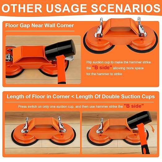 Heavy Duty Floor Gap Fixer Tool, 45° Striking Surface Floor Gap Repair Tool with Dual Suction Cup/Rubber Mallet Hammer/Anti-Slip Stickers/Cushion Pads/Gloves for Hardwood Tile and Stone Baseboard